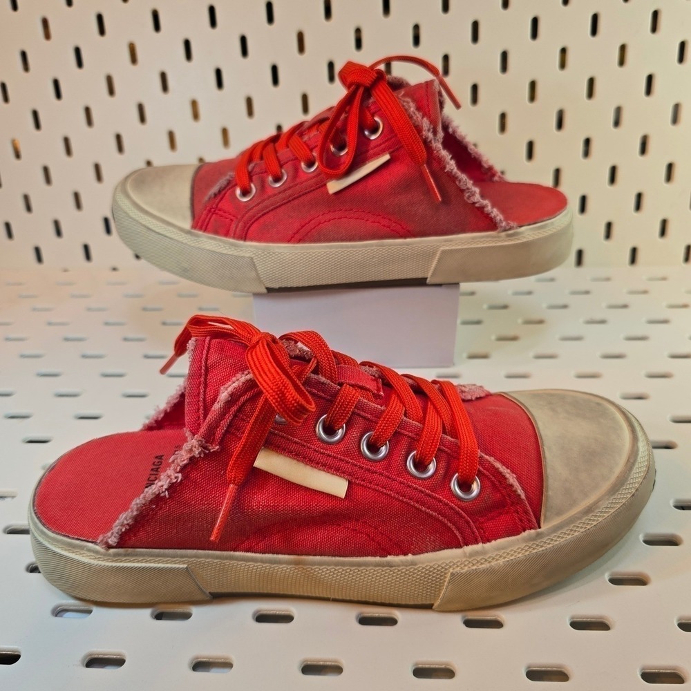 BALENCIAGA Womens Red Paris Canvas Mule Sneakers Sz 37 Distressed Streetwear Y2K - Picture 9 of 16